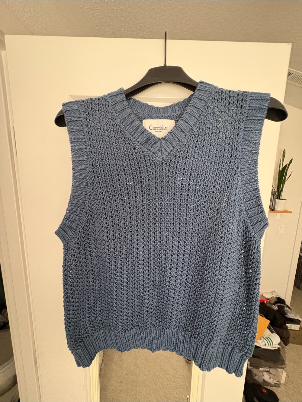 Corridor Men's V-Neck Knit Sweater Vest in Dusty Blue